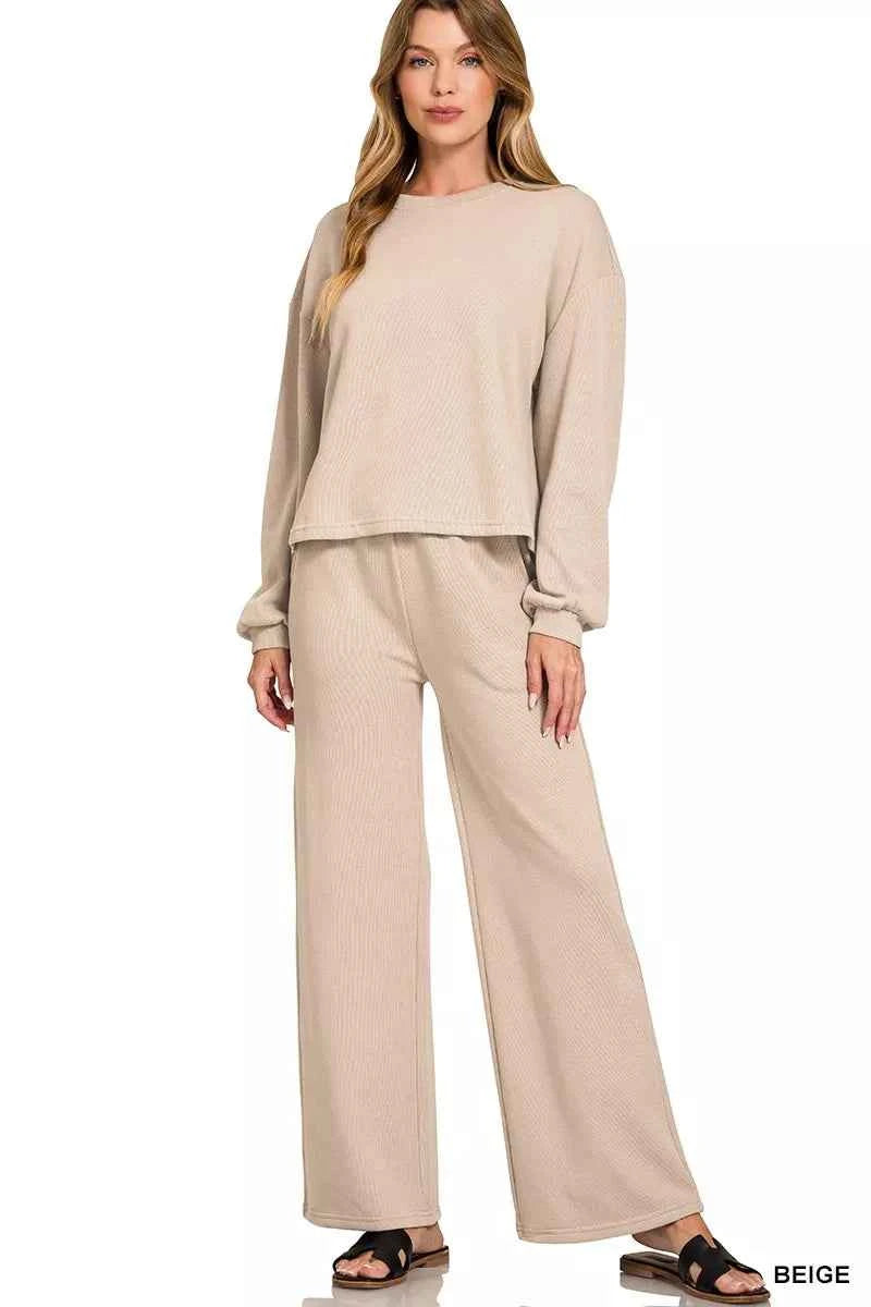 Zenana French Rib Pullover and Pants Set BEIGE eef64e52605c4917b47f6b372d7a1804-Max-Origin