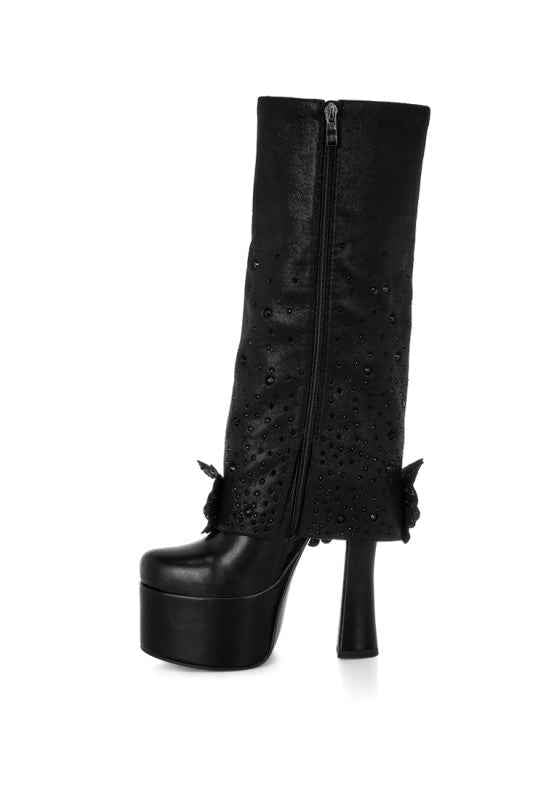 Sundra Floral Applique Platform Heeled Boots ef025dd5-4d9c-451d-9e06-eddf8b329575
