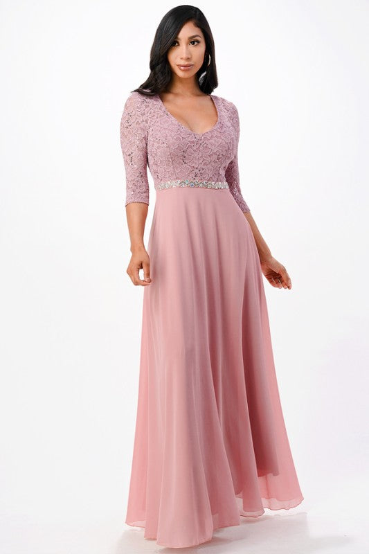 A-Line Lace Evening Dress – 3/4 Sleeve Rhinestone Waist Gown for Women ef0a4673-a1dc-4b53-91f7-f49c92f66d3e