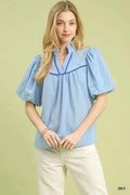 Umgee Puff Sleeve Eyelet Mix Top with Contrast Piping SKY ef0eab1e-2d1a-4542-9f4d-d95474eff342-Max-Origin