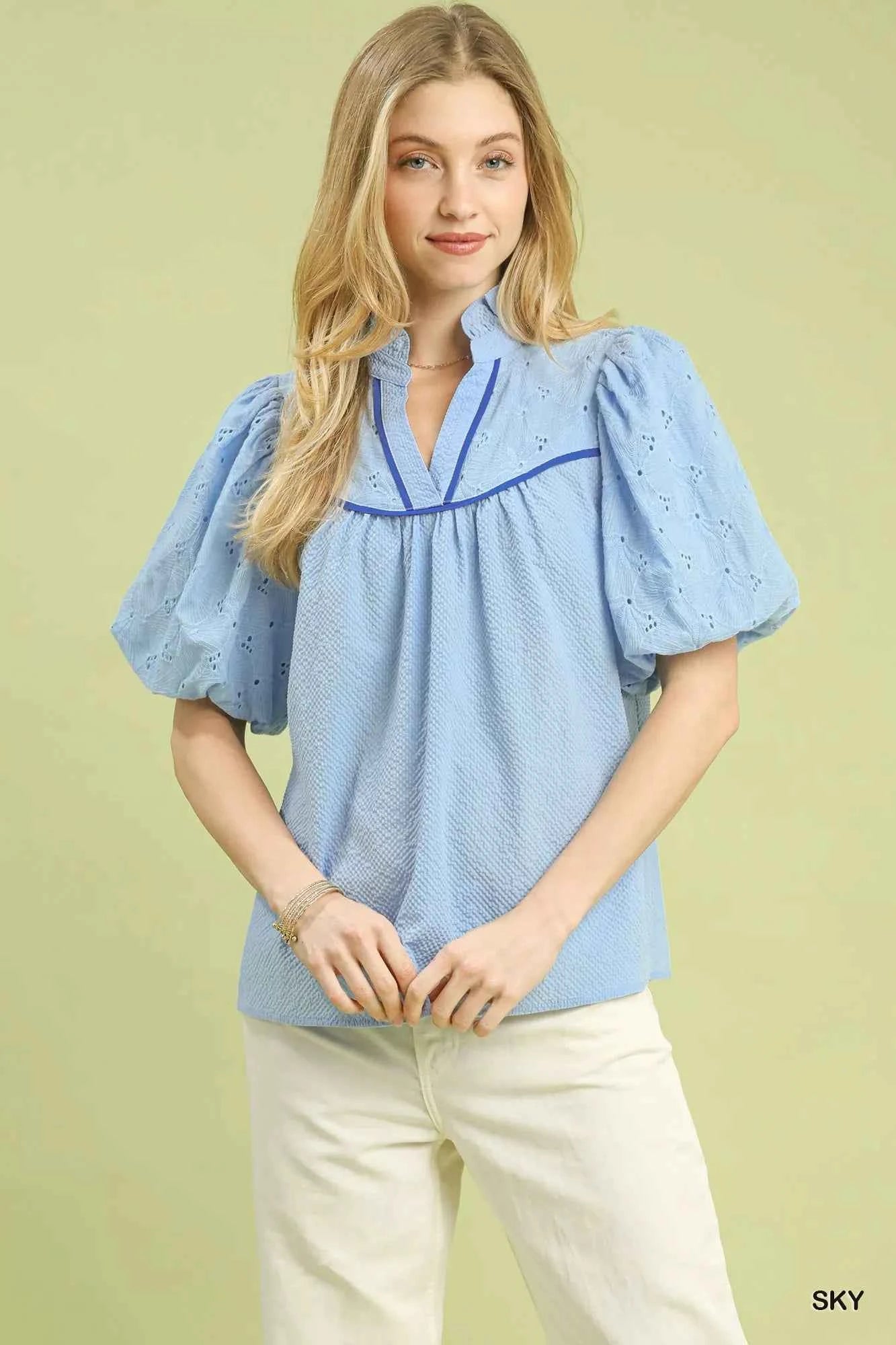 Umgee Puff Sleeve Eyelet Mix Top with Contrast Piping SKY ef0eab1e-2d1a-4542-9f4d-d95474eff342-Max-Origin