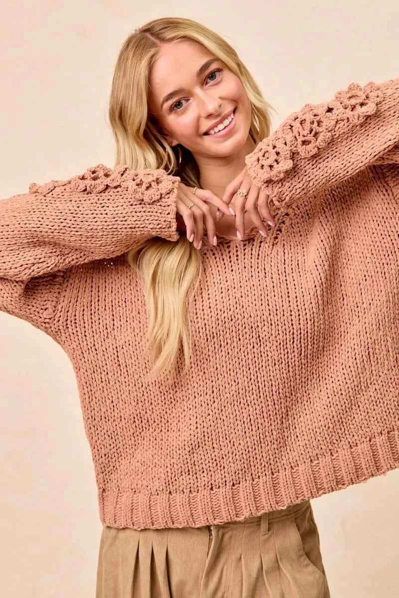 BiBi Chunky Knit Sweater with Flower Detail Sleeves ef127069e49a4965b030d21d752c4ad4-Max-Origin