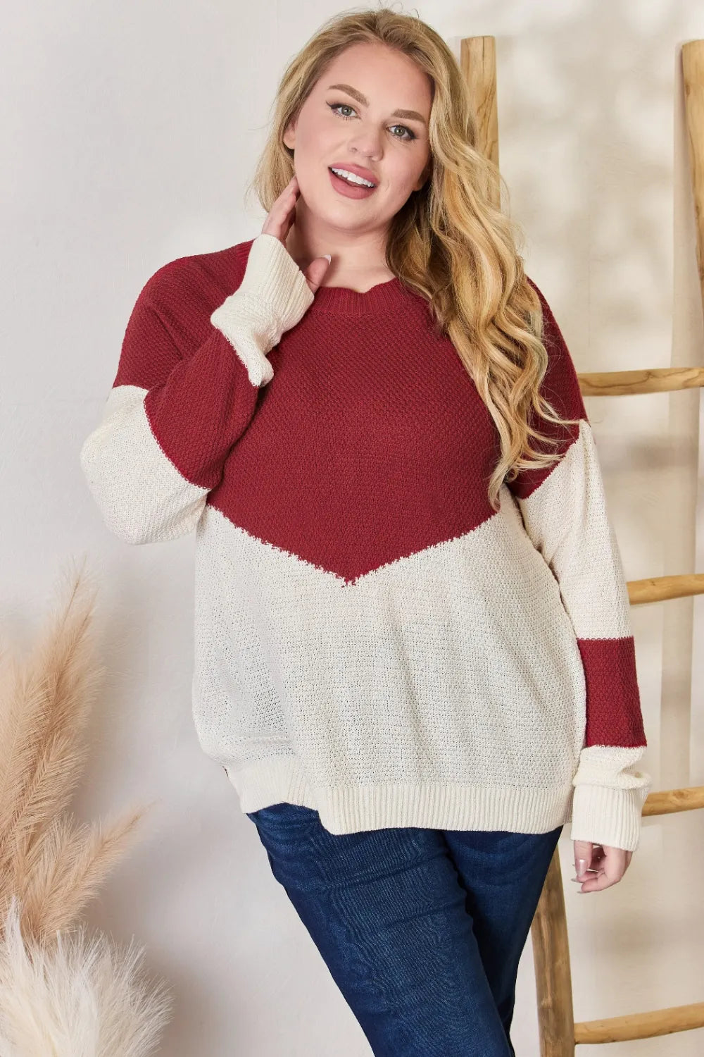 Hailey & Co Full Size Color Block Dropped Shoulder Knit Top ef15e299-73b7-44eb-8bf8-8c4709782747-Max