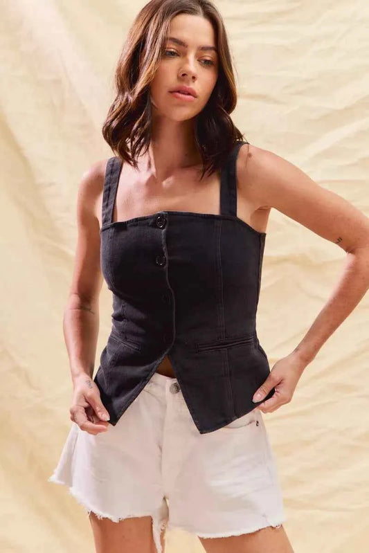 Button Down Sleeveless Game Day Fitted Denim Top ef17ab3c04f7428090a975c19c3f0b3b-Max-Origin
