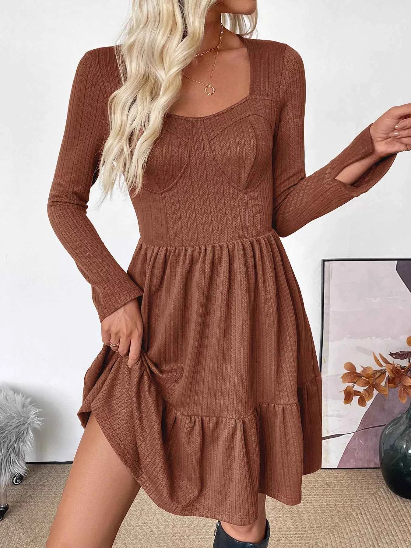 Ruffled Hem Long Sleeve Knit Dress Coffee Brown ef1d4c6cb8a441e4b39083251eaa9bd6-Max-Origin