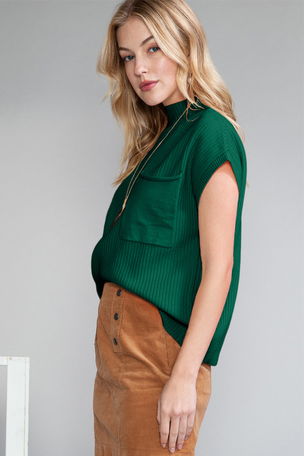 Green Patch Pocket Ribbed Knit Short Sleeve Sweater ef1fb4f58f73db21