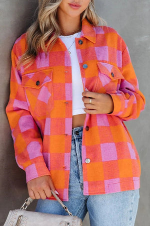 Orange Plaid Chest Pockets Button-up Turn Down Collar Jacket Orange 100%Polyester ef1fd524a4ba5495