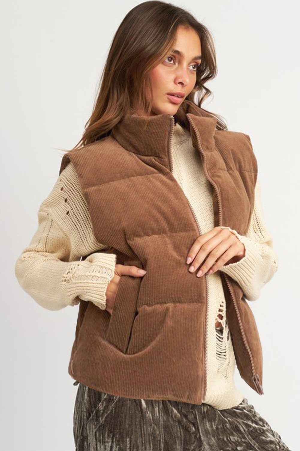 Coffee Solid Color Corduroy Puffer Vest Coat ef221dd83d872627