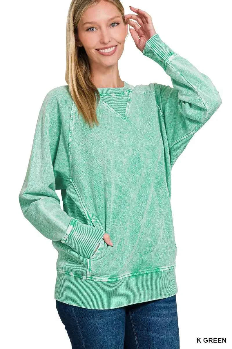 Zenana Halo Snow Washed French Terry Round Neck Sweatshirt K GREEN ef2340652fa641cda891fe2570ad5854-Max-Origin