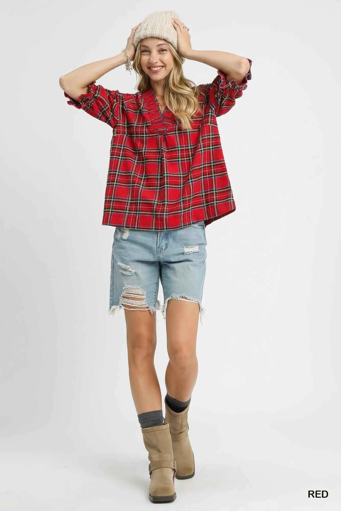Umgee Plaid Smocked V-Neck Flannel Top ef257699-4972-4af6-a4cd-018957526d1a-Max-Origin