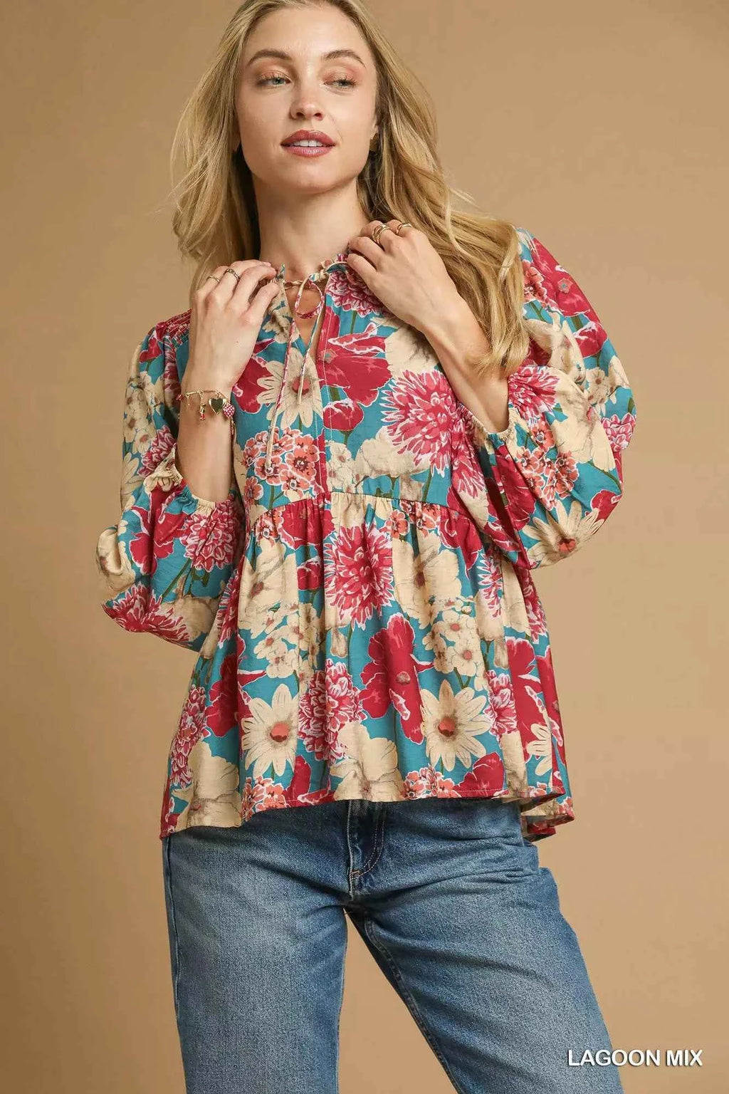 Umgee Mix Floral Peplum Blouse with Tie Neck LAGOON MIX ef265427-8ebf-4e36-9d61-04d9e2471af2-Max-Origin