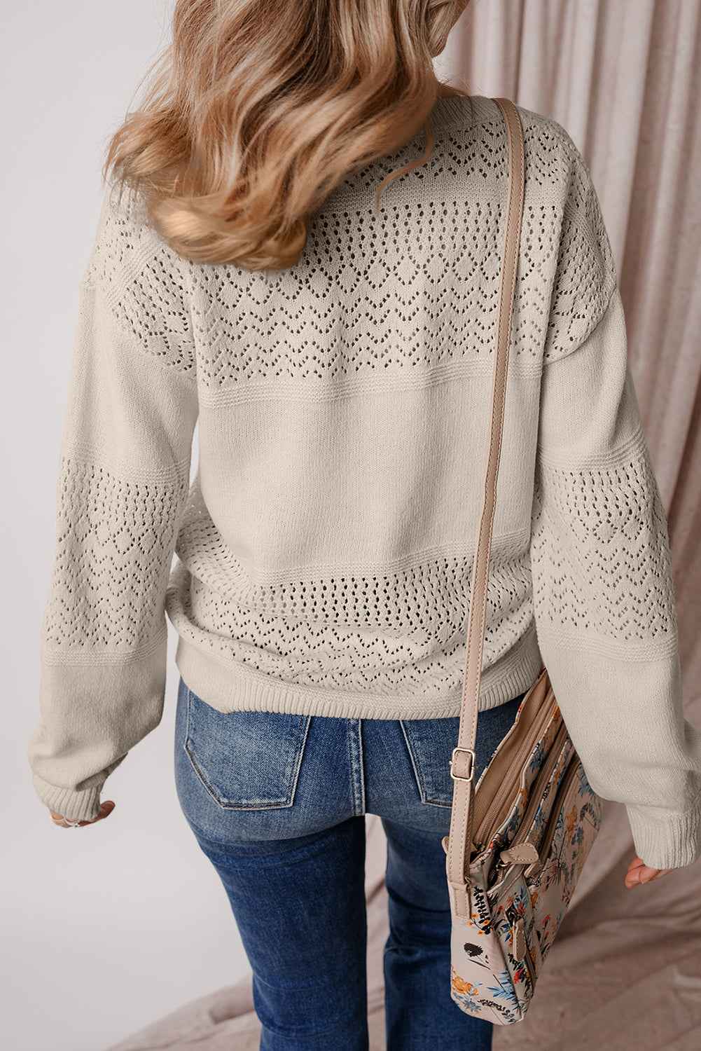 Brown Eyelet Pattern Detail V Neck Drop Shoulder Sweater ef2d6d9a6dc0fdff