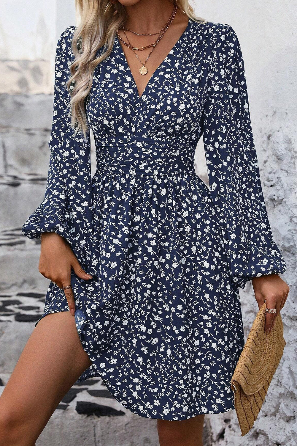 Dirty Blue Floral Print V Neck Long Sleeve Mini Dress Dirty blue ef2d8ad8892c9abe