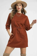 Umgee Drawstring Cable Knit Mini Dress with Pockets Rust ef33a123-6a20-42dc-9a50-209f13978228-Max-Origin