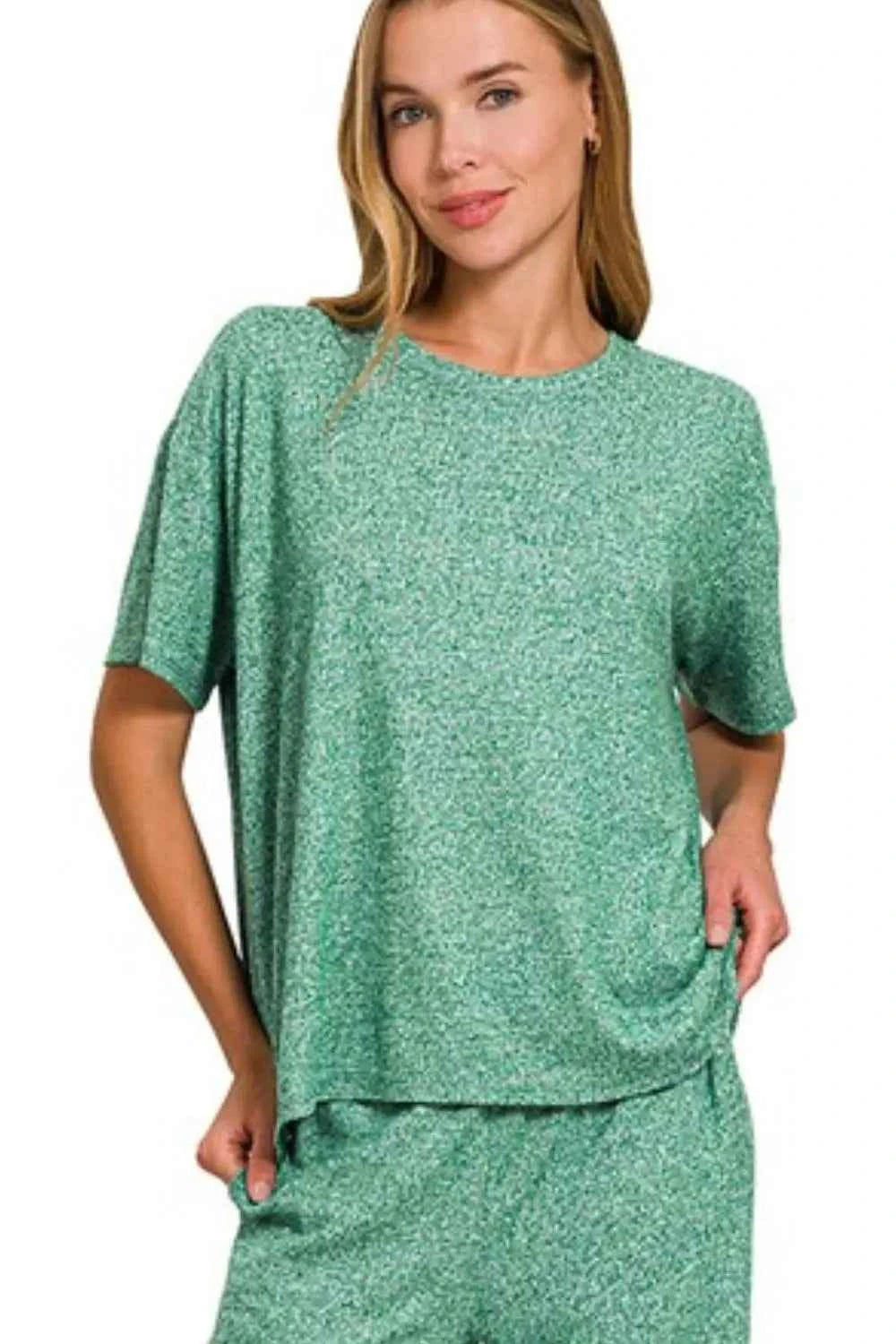 Zenana Soft Melange Short Sleeve Tee & Long Pants Set ef341698-c7e3-4b52-98eb-3ae570c4f2ee-Max-Origin