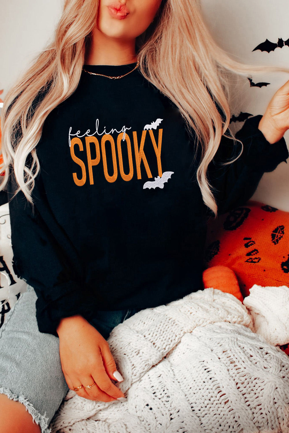 Black Feeling Spooky Halloween Embroidered Graphic Baggy Sweatshirt ef3430b057e1b064