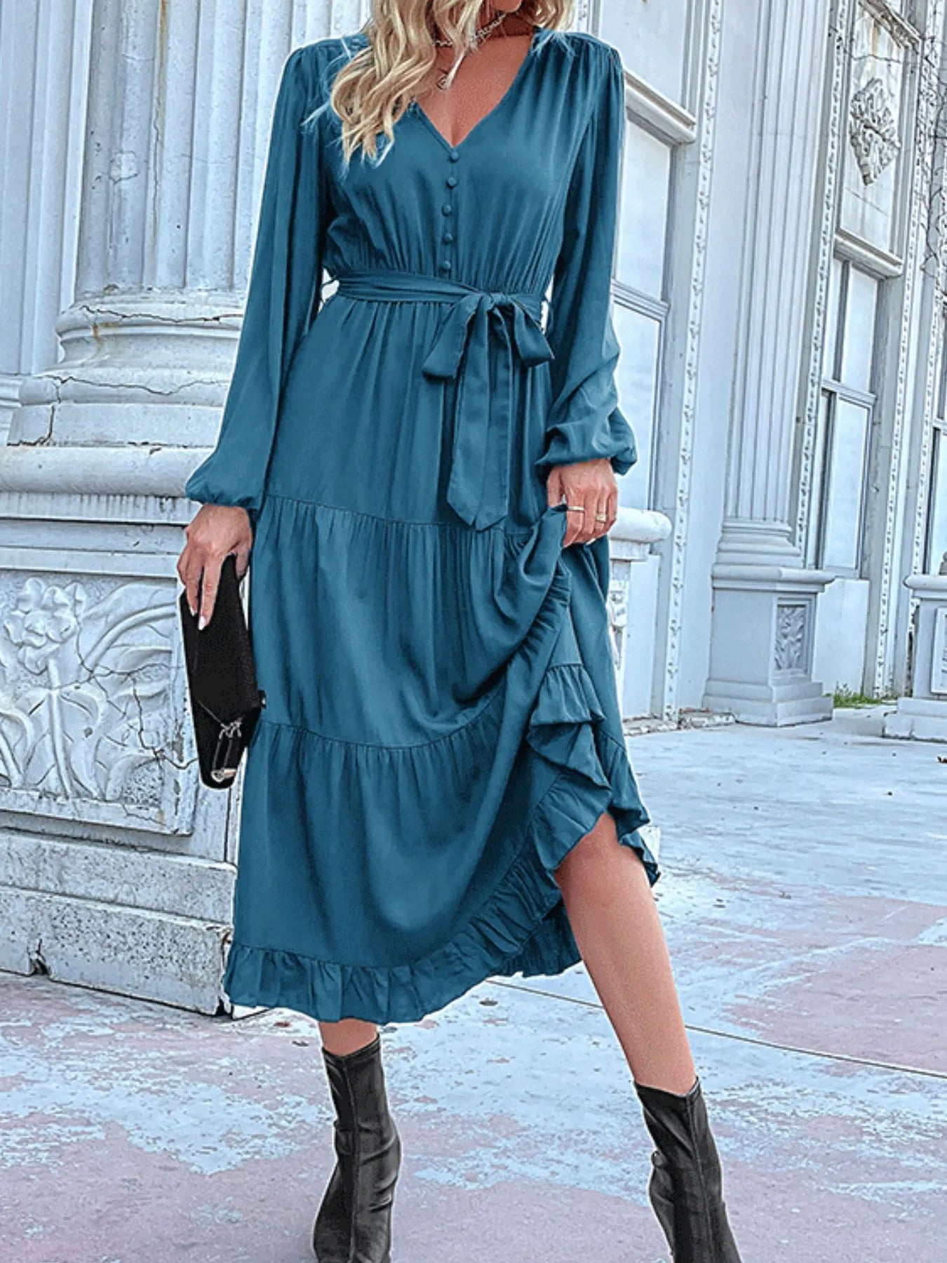 Ruffled Hem V-Neck Balloon Sleeve Dress ef34b718-4d03-4409-b62d-f2722b403c5d-Max-Origin