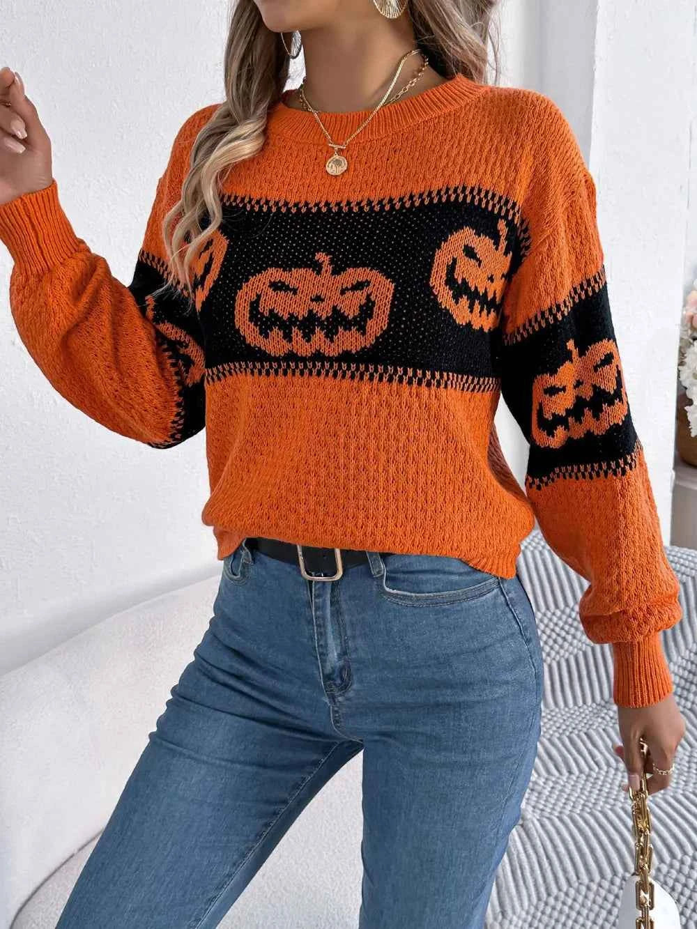 Pumpkin Round Neck Long Sleeve Sweater ef4151cb-8534-431e-9a50-045216cb34a1-Max