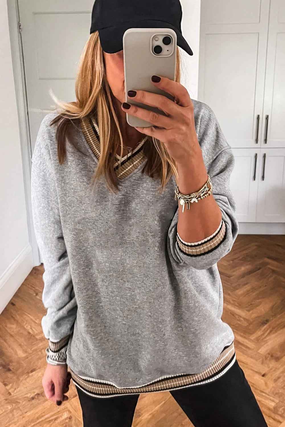 Parchment Varsity Contrast Trim V Neck Sweatshirt ef46714331d340b1