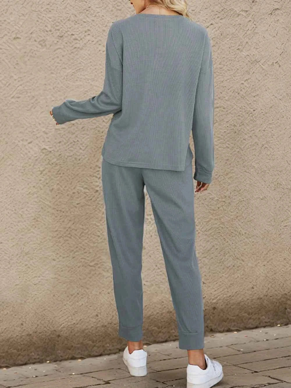 Shiny Round Neck Top and Drawstring Pants Set ef4d0ad47b144c7180a25129261185dd-Max