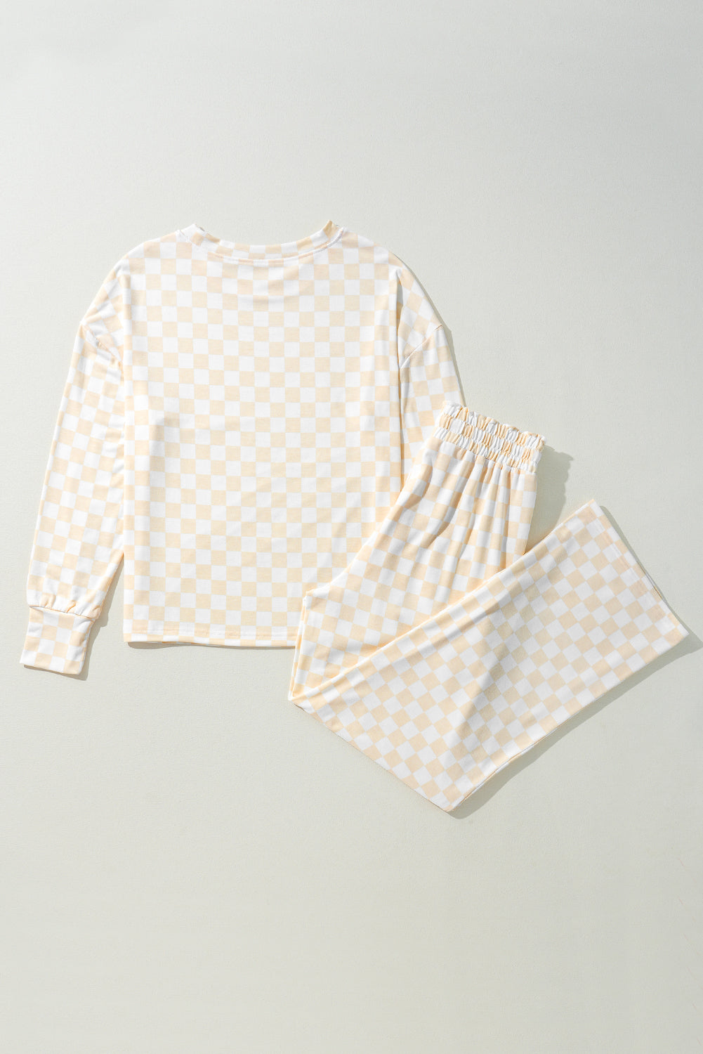 Beige Checkered Print Long Sleeve Loose Fit Pajama Set ef5104d493342b06