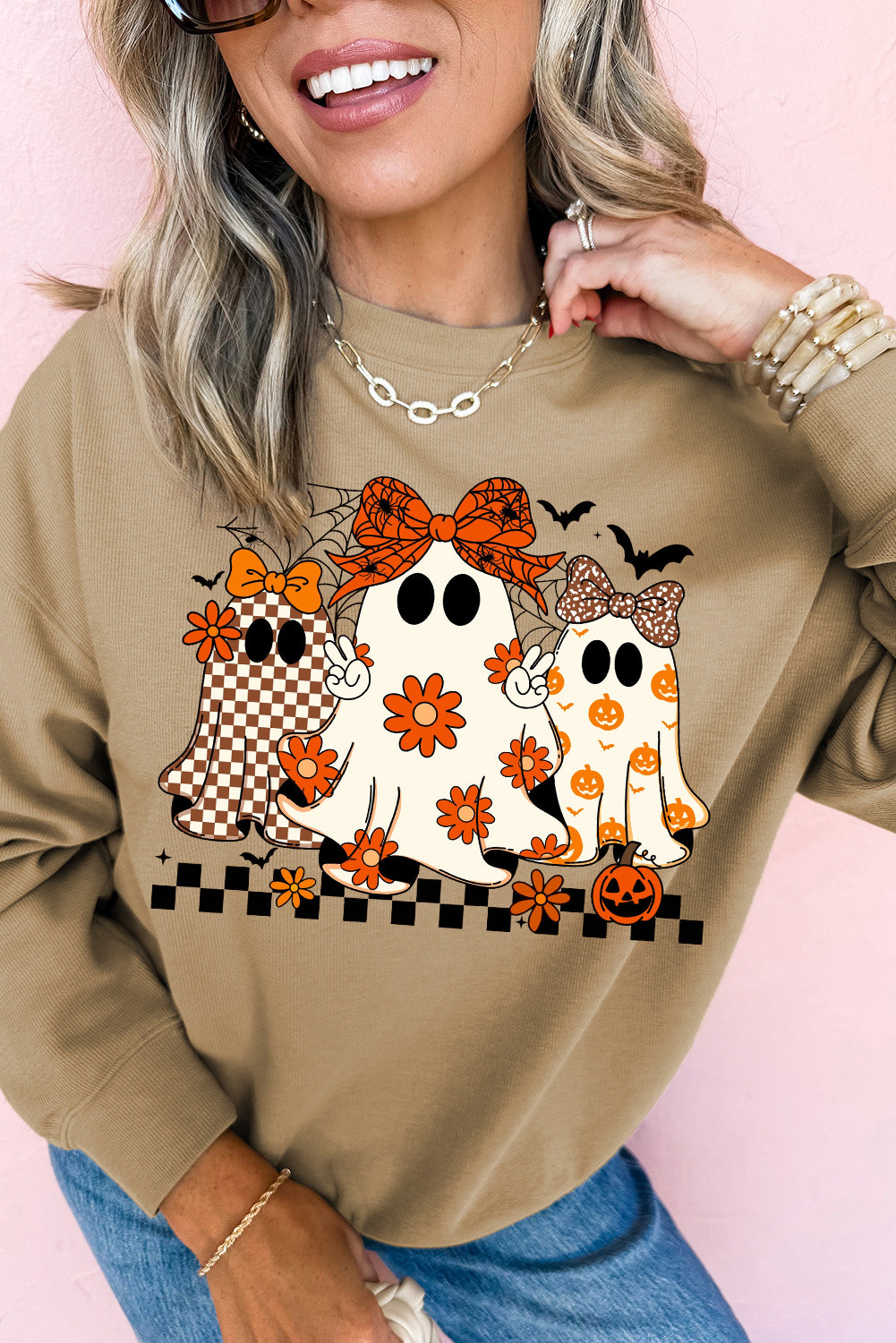 Khaki Cute Halloween Ghost Heat Transfer Printing Graphic Baggy Sweatshirt ef545506eabf78ae