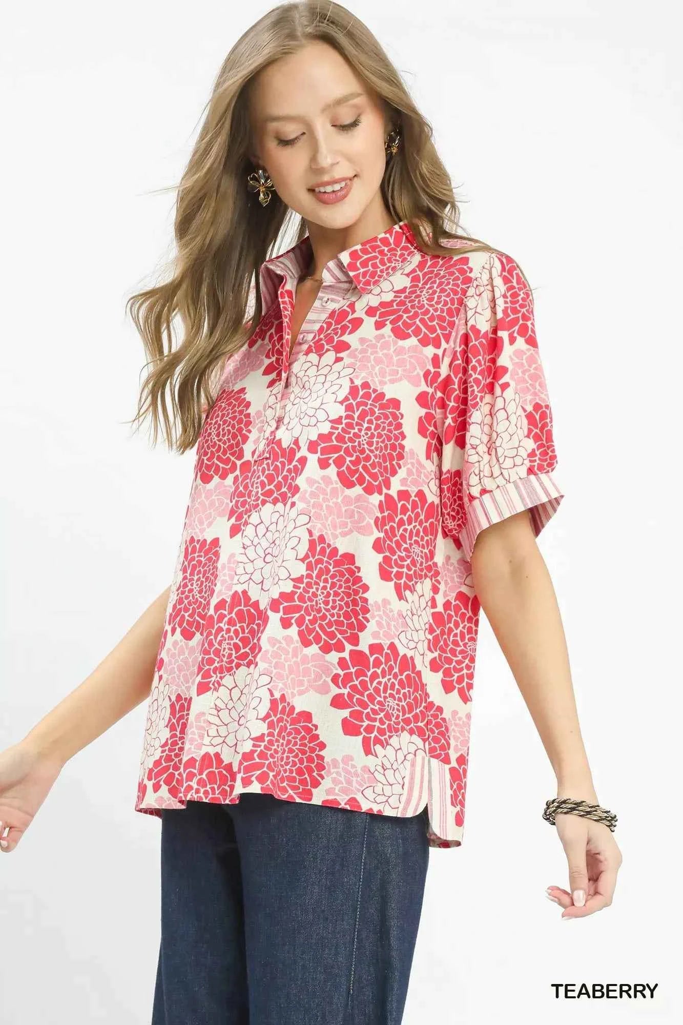 Umgee Floral Collared Short Sleeve Blouse ef5534b8-c750-4381-9d97-68a9ba95bfac-Max-Origin
