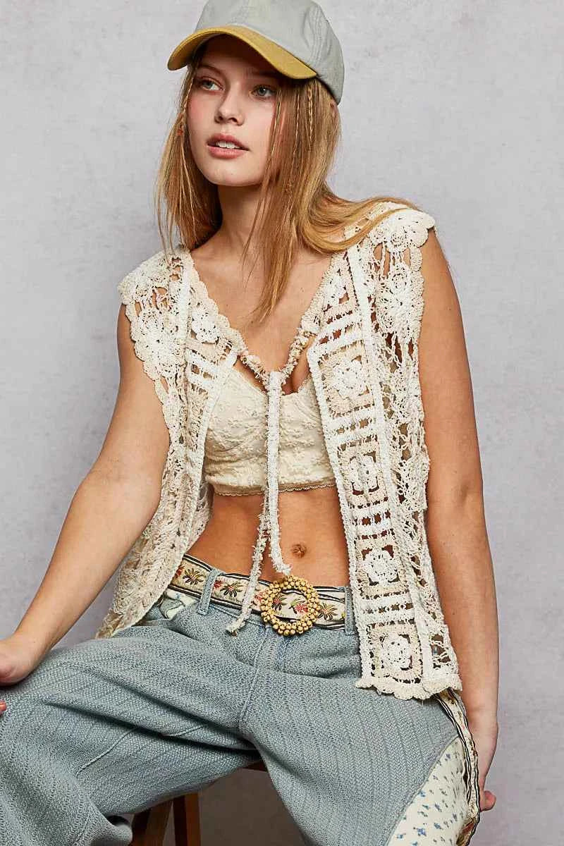POL Tie Front Floral Pattern Crochet Vest with Scalloped Edge NATURAL OFF WHITE One Size ef5559b2-725b-46ab-b3f7-37003f49e834-Max-Origin