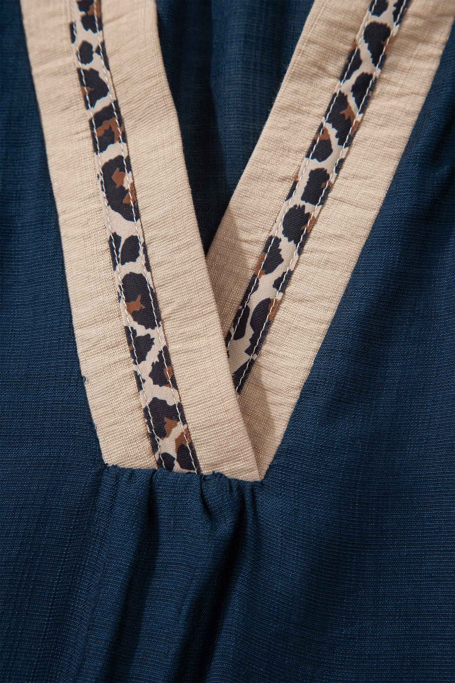 Navy Blue Contrast Leopard Patchwork Collar Plus Size Long Flounce Sleeve Blouse ef60ac7e552288ae