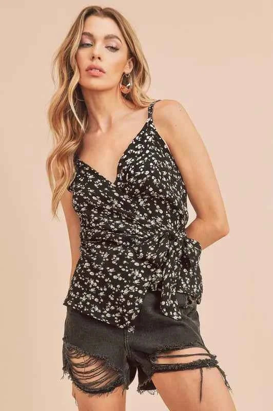 Aemi + Co Ditsy Floral Surplice Adjustable Straps Cami Black ef61674f-ecb0-43ab-bea0-cce5b0f4f78a-Max