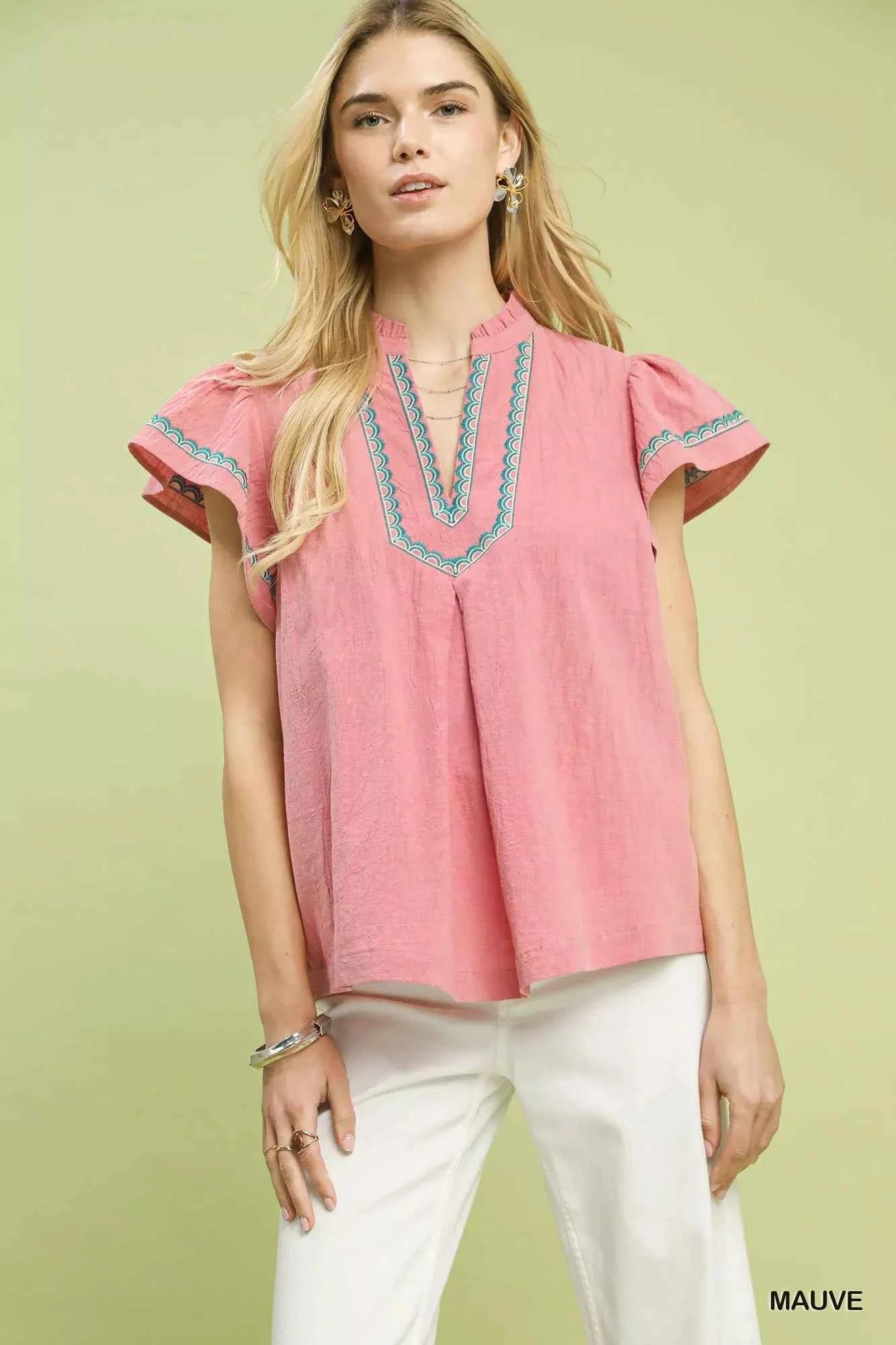 Umgee Embroidered Flutter Sleeve Blouse MAUVE ef616b2e-50be-4873-b9dc-fca534f43fbb-Max-Origin
