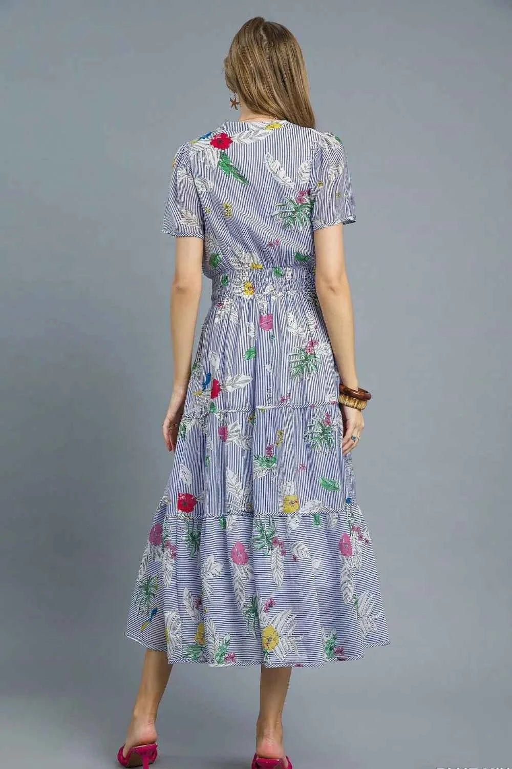 Umgee Smocked Waist Floral Short Sleeve Midi Dress ef6398c0-2710-4de7-8ba5-fcb217fbc602-Max-Origin
