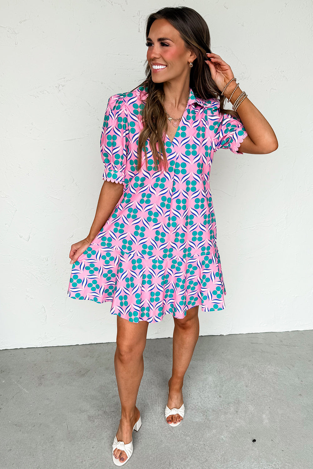 Pink Geometric Print V-Neck Ricrac Trim Mini Dress ef65c87c1dd5a41e