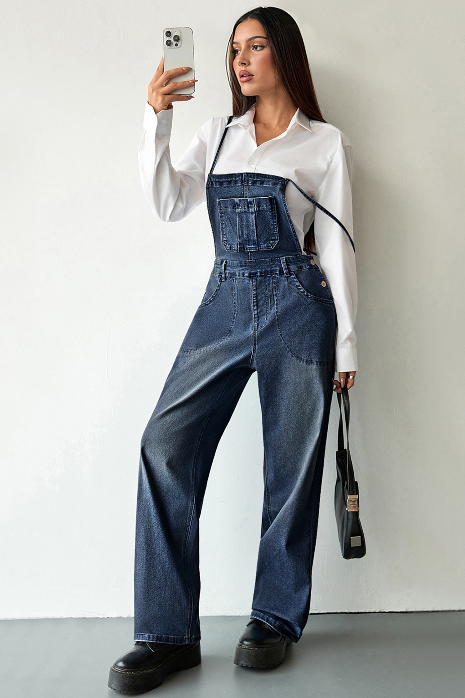 Dark Blue Crossed Tie Straps Bib Pocket Loose Denim Overalls ef6a7f3d1153eeeb