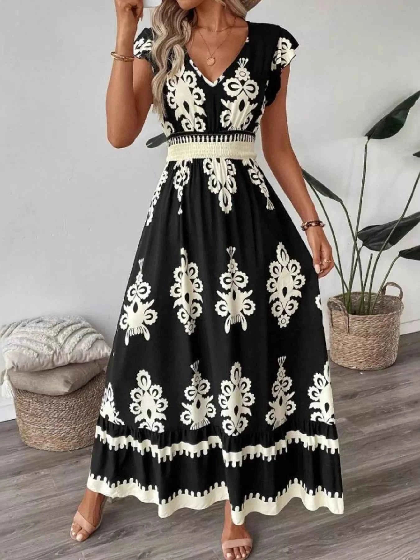 Printed V-Neck Ruffled Cap Sleeve Dress Black ef6ac1e7-e26e-4397-ad42-e45dc053419f-Max-Origin
