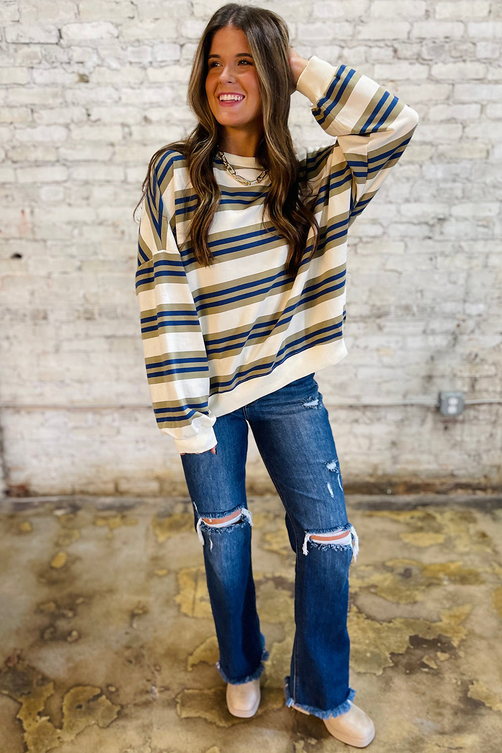 Khaki Striped Crew Neck Drop Shoulder Pullover Sweatshirt ef7343aec309faba