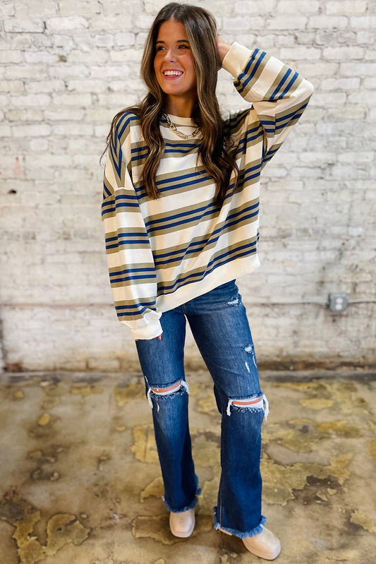 Khaki Striped Crew Neck Drop Shoulder Pullover Sweatshirt ef7343aec309faba