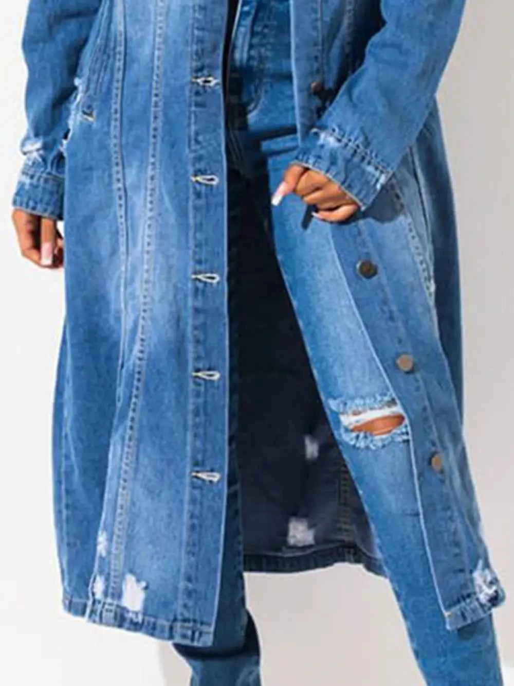 Long Sleeve Raw Hem Denim Jacket ef771b59f3b54b898cdbdc0cae4d7e15-Max