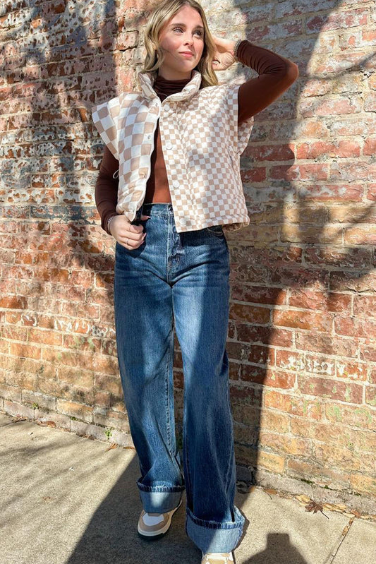 Khaki Contrast Plaid Quilted Button Zip Up Vest ef79799aec7e0fd3