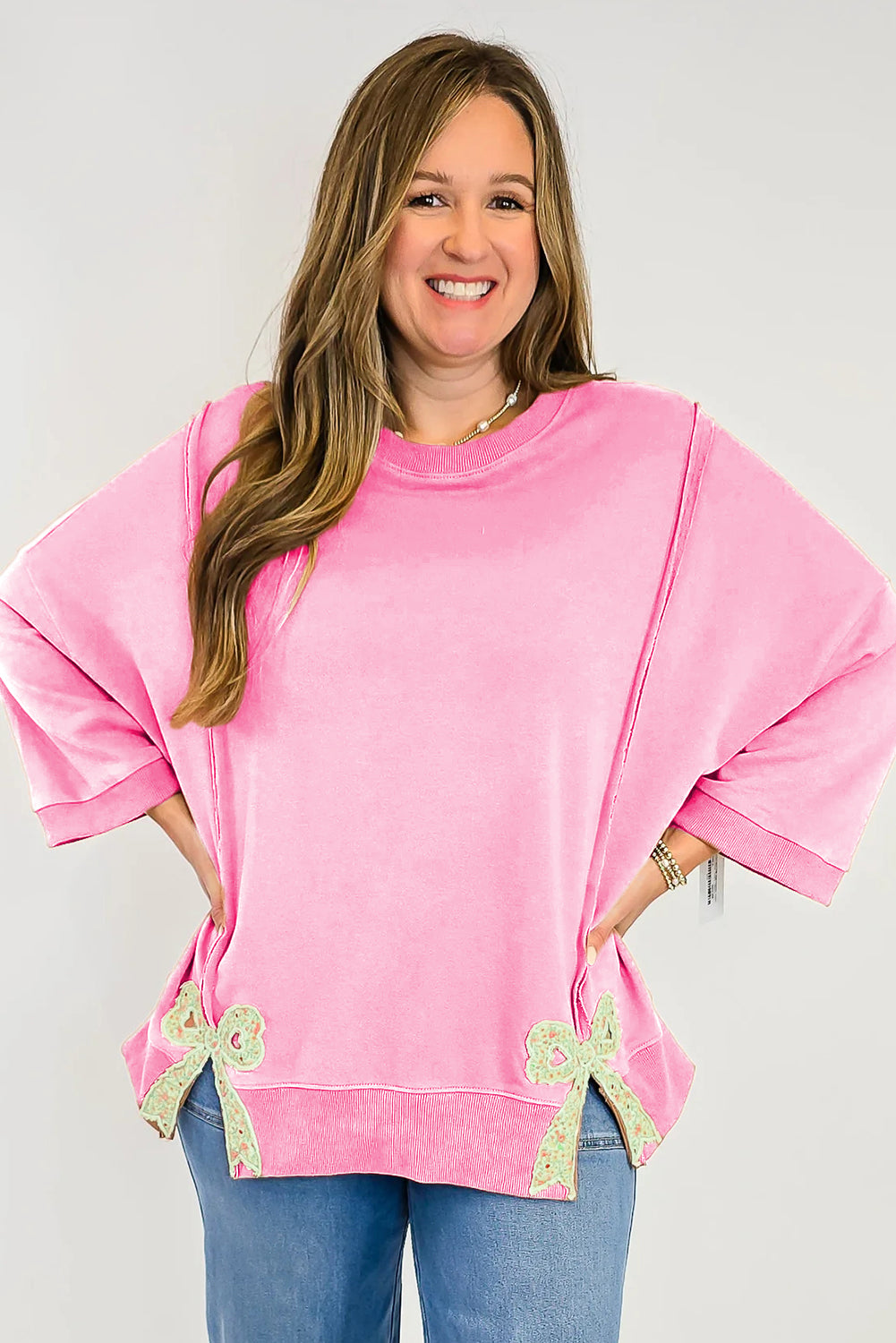 Pink Floral Bow Patched Exposed Seam Patchwork Slit Baggy Sweatshirt ef7e97b623a7eef9