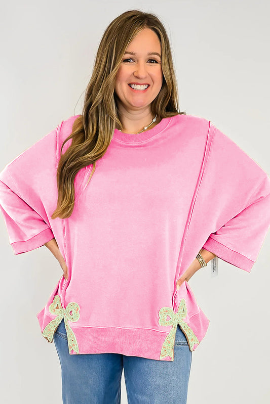 Pink Floral Bow Patched Exposed Seam Patchwork Slit Baggy Sweatshirt ef7e97b623a7eef9
