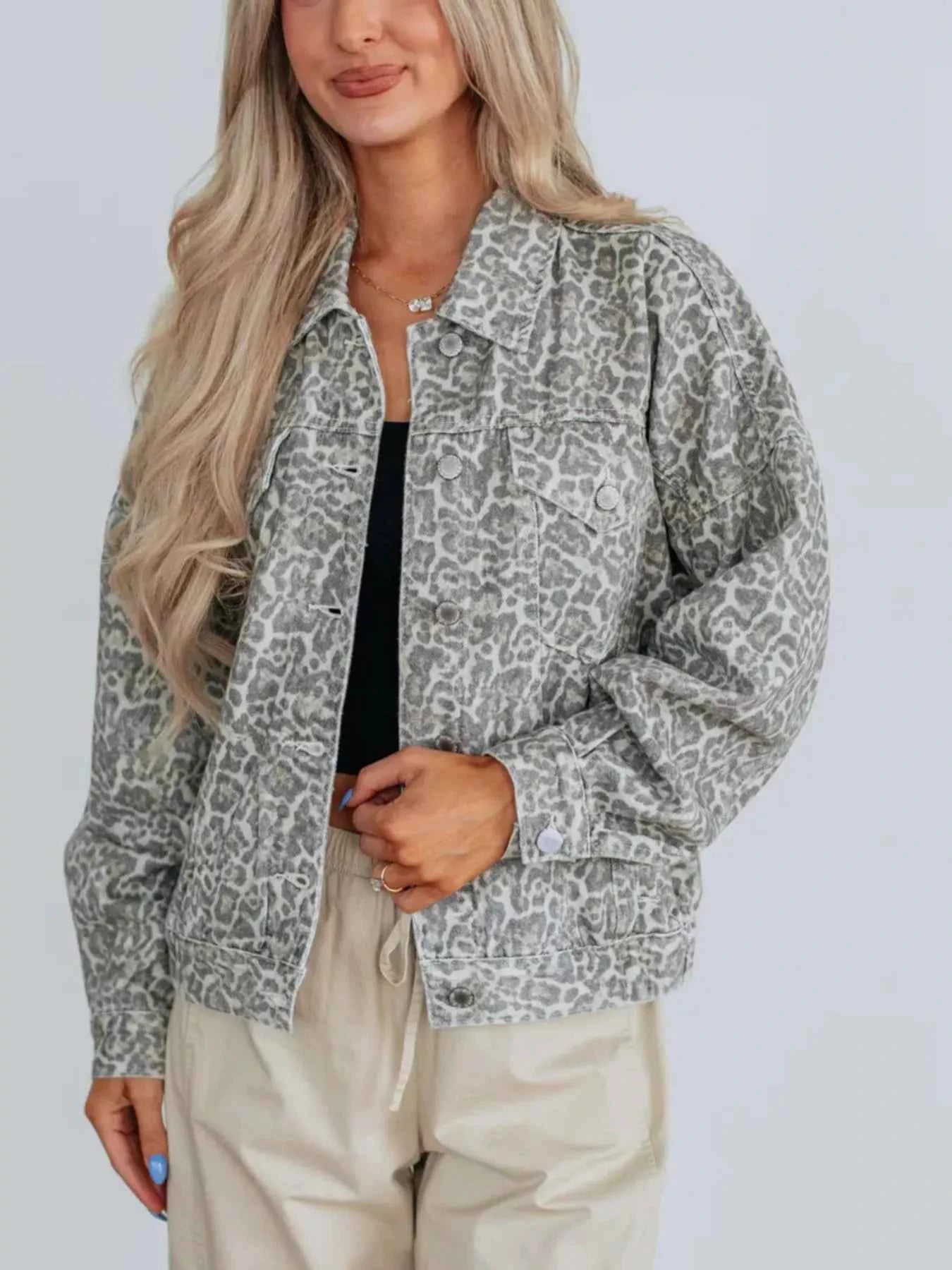 Leopard Button Up Denim Jacket Gray ef7f8e3e-6b60-4445-8639-ed2f09071cf3-Max-Origin