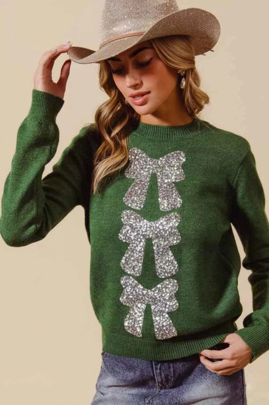 Sequins Bow Ribbon Embellished Christmas Sweater ef87b65a-1008-44e3-b0af-6f800b248cd3-Max-Origin