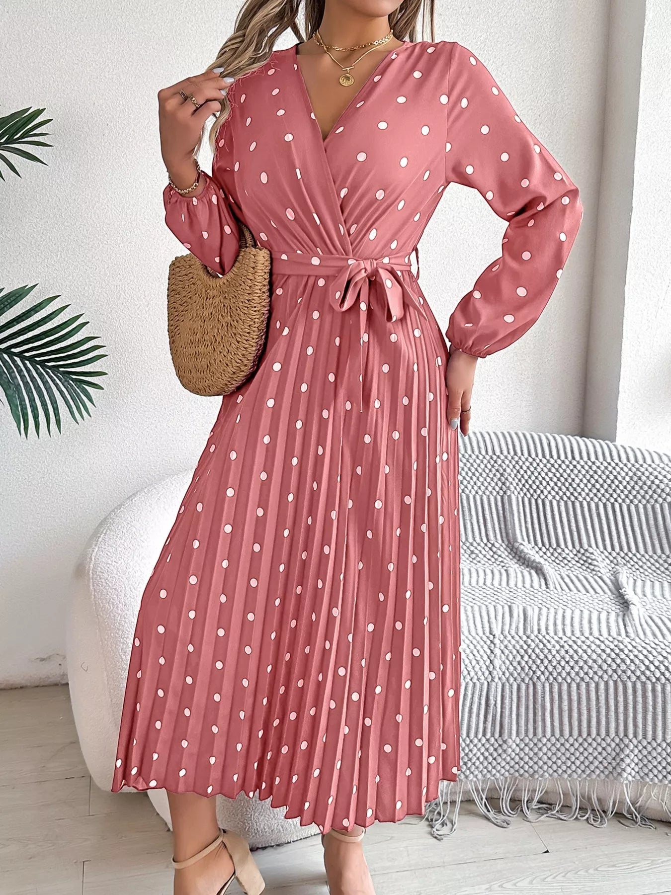 Front Tie Polka Dot Midi Pleated Dress ef8a5e86-f03a-4e84-8969-49b363c4a35b-Max-Origin