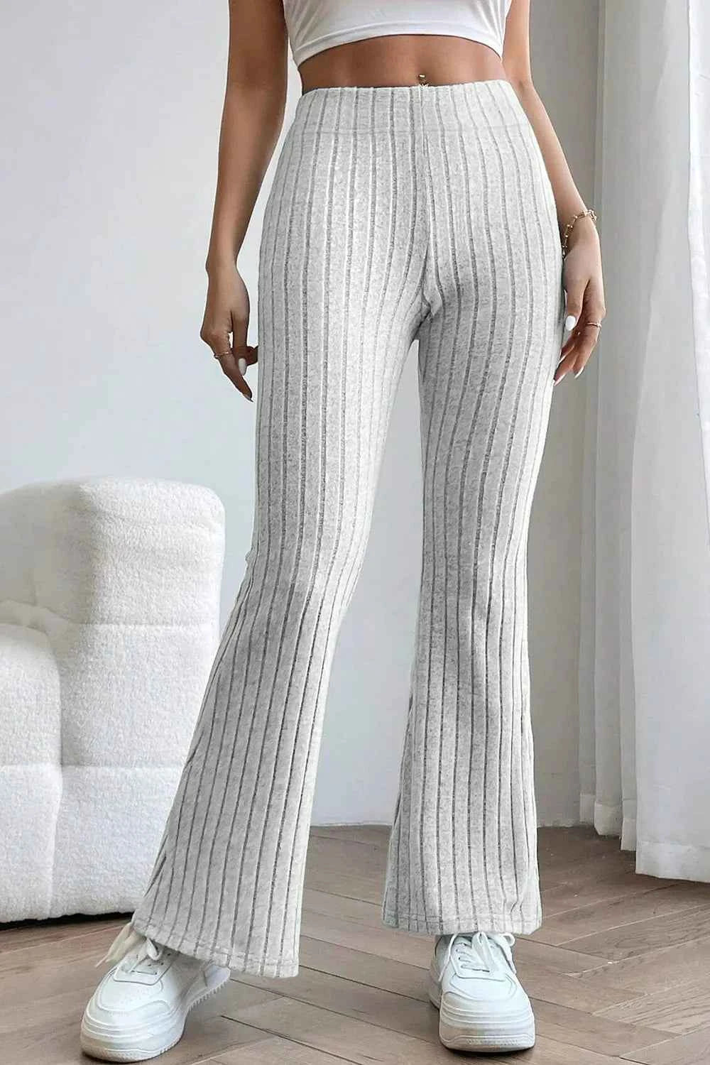 Basic Bae Full Size Ribbed High Waist Flare Pants Light Gray ef8a70f5-82a2-4a5e-b550-53a61c1498e4-Max