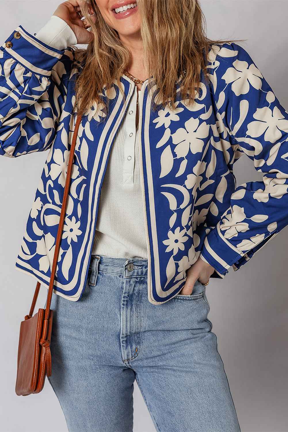 Blue Flower Print Open Front Buttoned Cuffs Jacket Blue Shell:100%Polyester+Lining:100%Polyester+Filling:100%Polyester ef8aaca9e3d7cfab