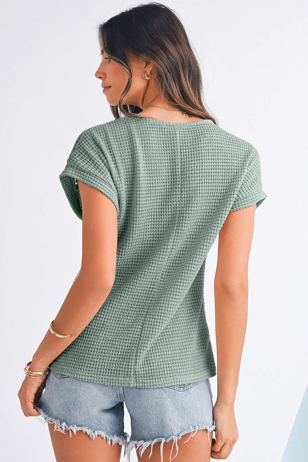 Mist Green Hollow Patchwork Waffle Knit Top ef8b1375735f54ca