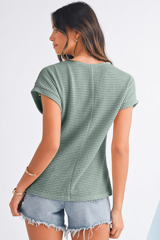 Mist Green Hollow Patchwork Waffle Knit Top ef8b1375735f54ca