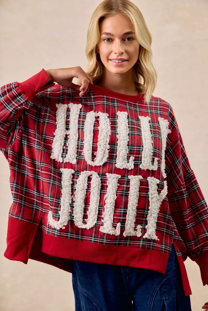 BiBi Holly Jolly Christmas Plaid Oversized Sweatshirt ef8e139deadc428fb34f90e0d9a75370-Max-Origin