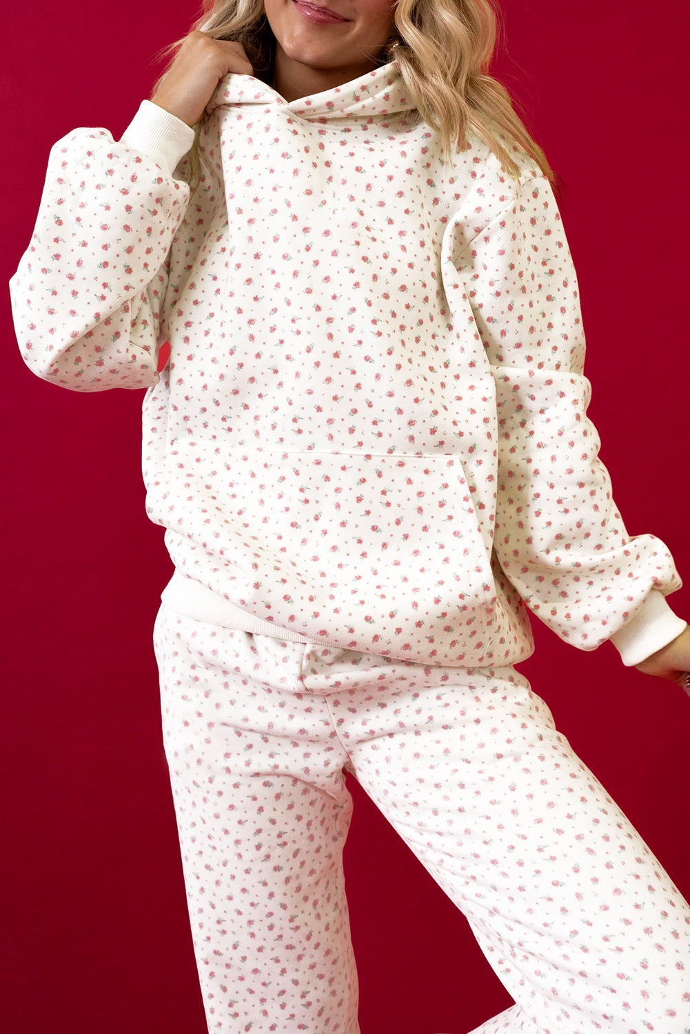 Pink Floral Kangaroo Pocket Hoodie Pants Set Pink 100%Polyester ef94759bfede9962